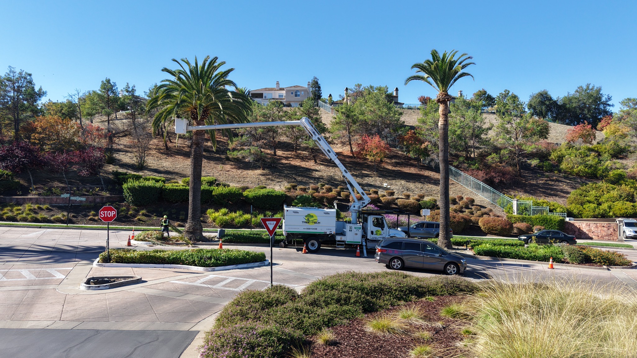 Our equipment among palms and the landscaped entrance to a property