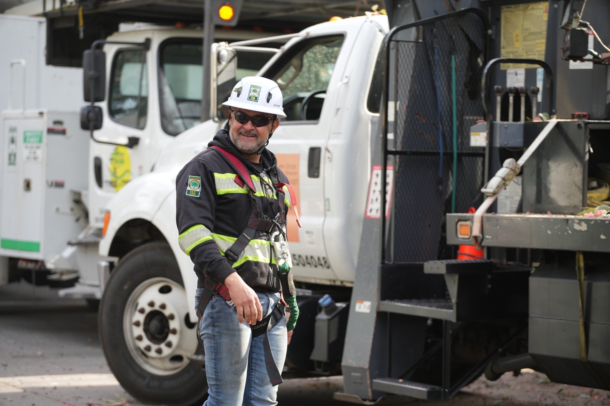 Tree Tech professional in a white helmet and harness beside the work vehicles